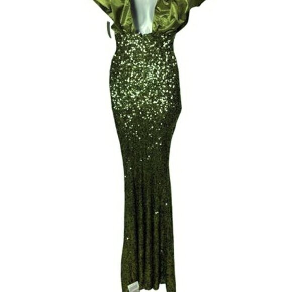 ASOS Design Olive Green Puff Sleeve Satin Sequin Maxi Sheath Dress - Picture 5 of 5